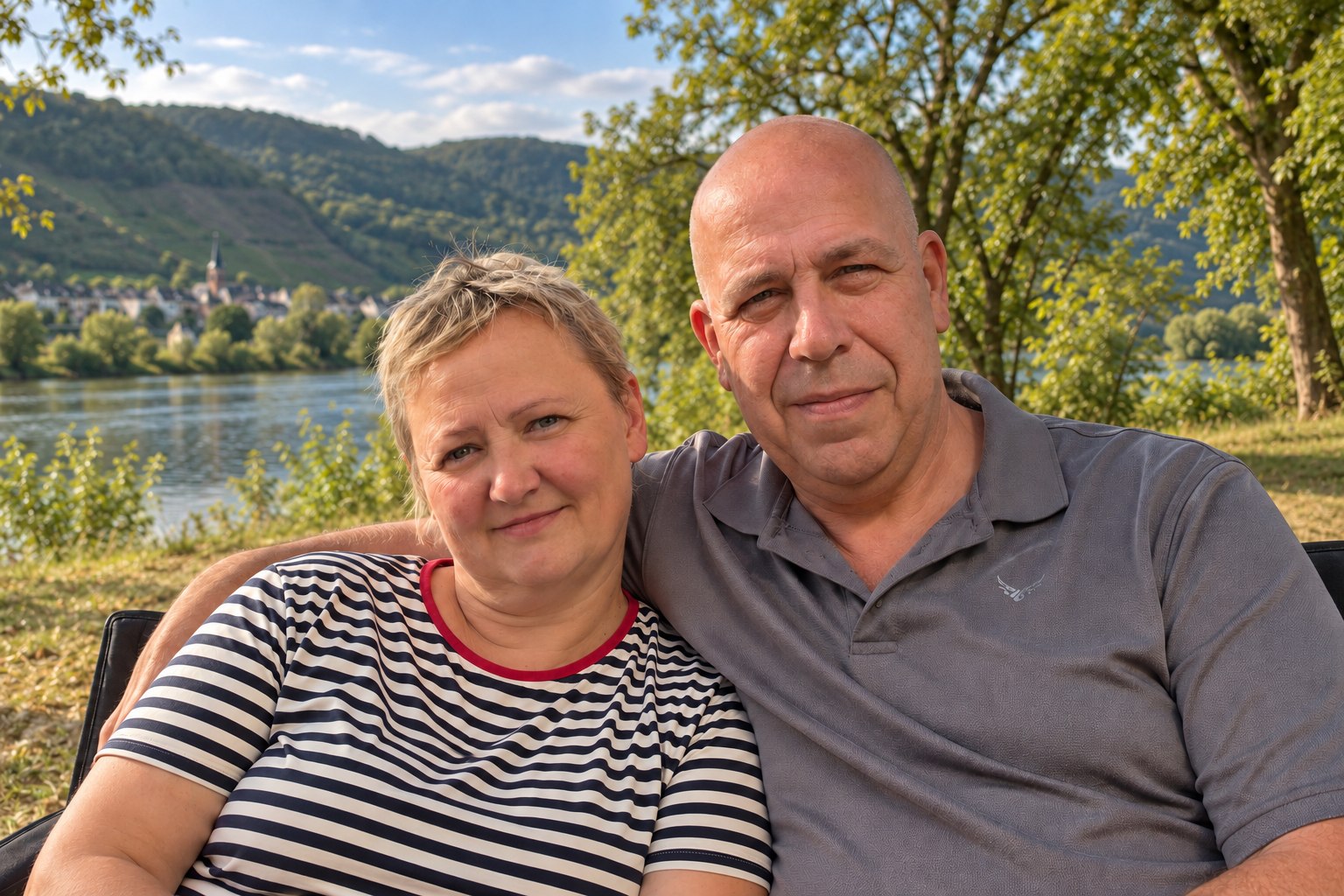 Anja und André sitzen gemeinsam am Ufer eines Flusses